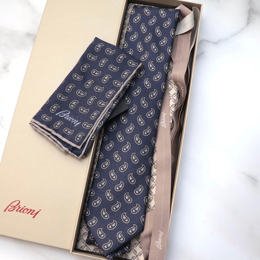 Brioni ネイビー ペイズリー ネクタイ チーフ セット ブリオーニ