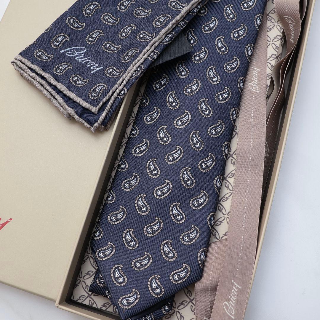 Brioni ネイビー ペイズリー ネクタイ チーフ セット ブリオーニ