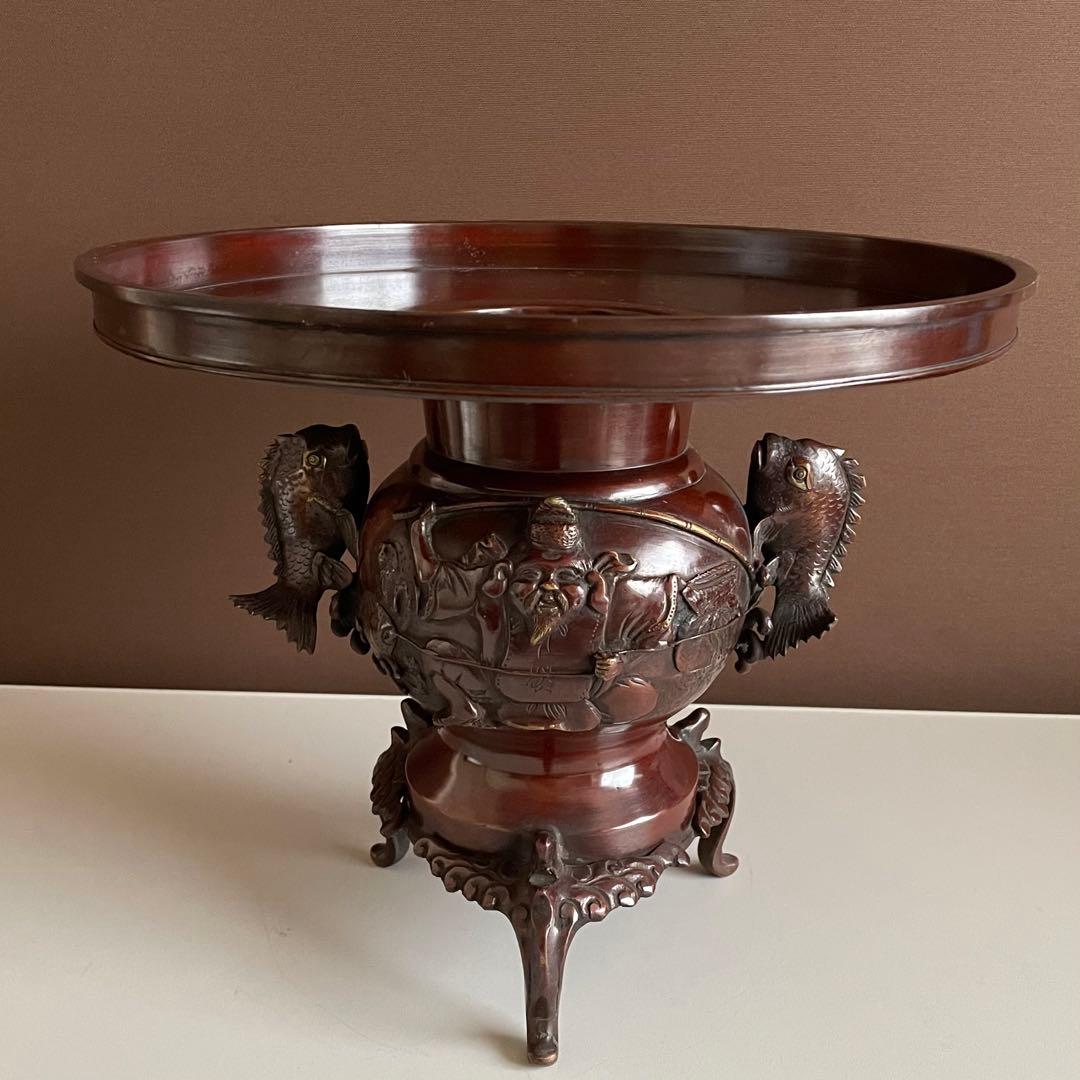 シ*イ様 銅花器 薄端 金工師 五郎三郎 恵比寿文 鯛彫双耳 三足 重さ3.6k