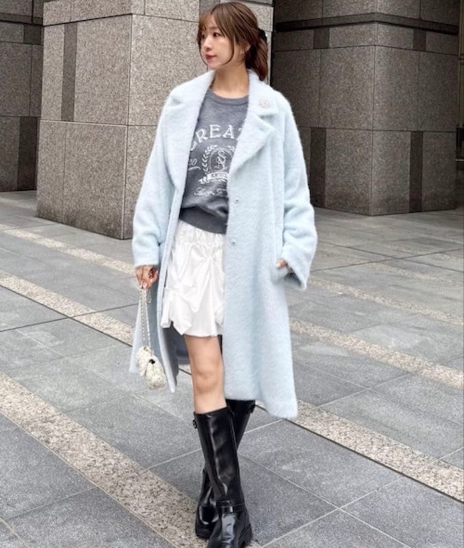 【新品】Snidel ブローチ付きシャギーロングコート LBLU 0サイズ