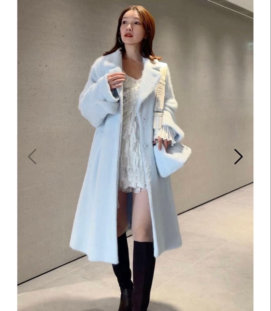 【新品】Snidel ブローチ付きシャギーロングコート LBLU 0サイズ