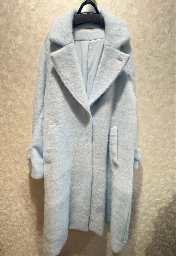 【新品】Snidel ブローチ付きシャギーロングコート LBLU 0サイズ