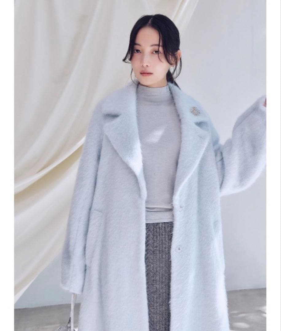 【新品】Snidel ブローチ付きシャギーロングコート LBLU 0サイズ