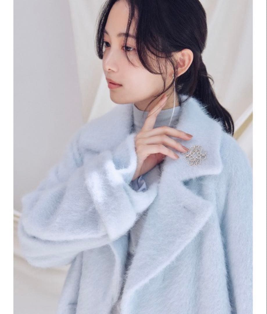 【新品】Snidel ブローチ付きシャギーロングコート LBLU 0サイズ