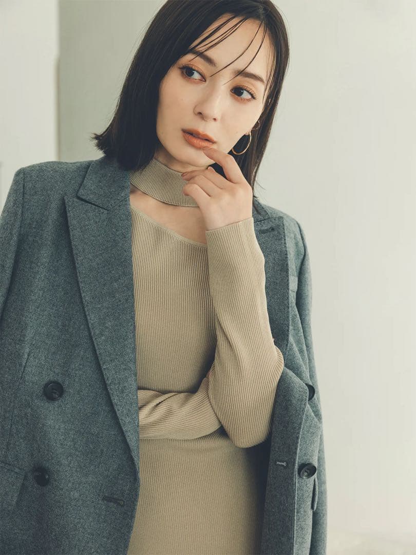 完売♡anuans デザインネックナローニットワンピース BEG S