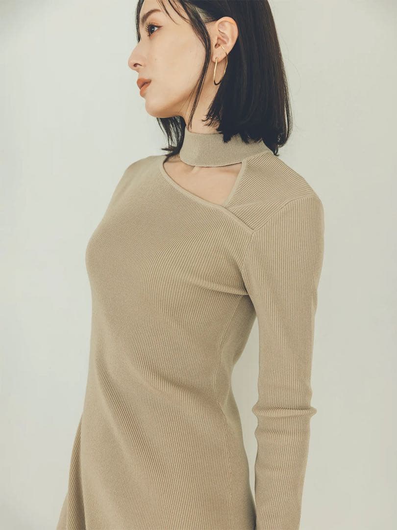 完売♡anuans デザインネックナローニットワンピース BEG S