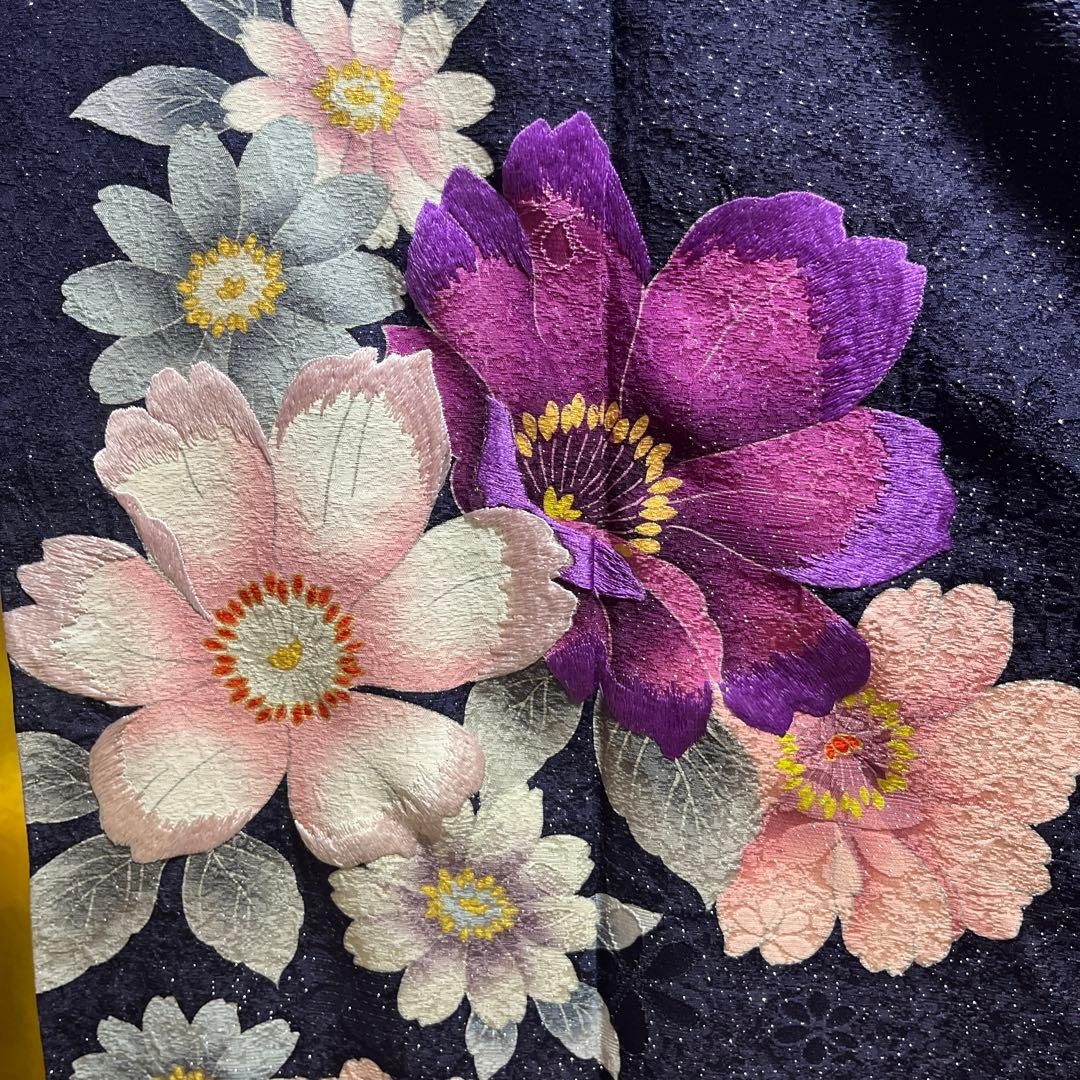 振袖　正絹　成人式　銀通し　紺