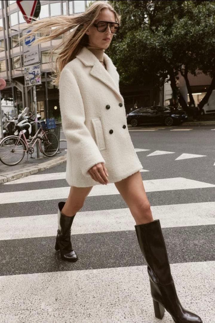 ZARA ブークレダブルブレストミディ丈コートXS