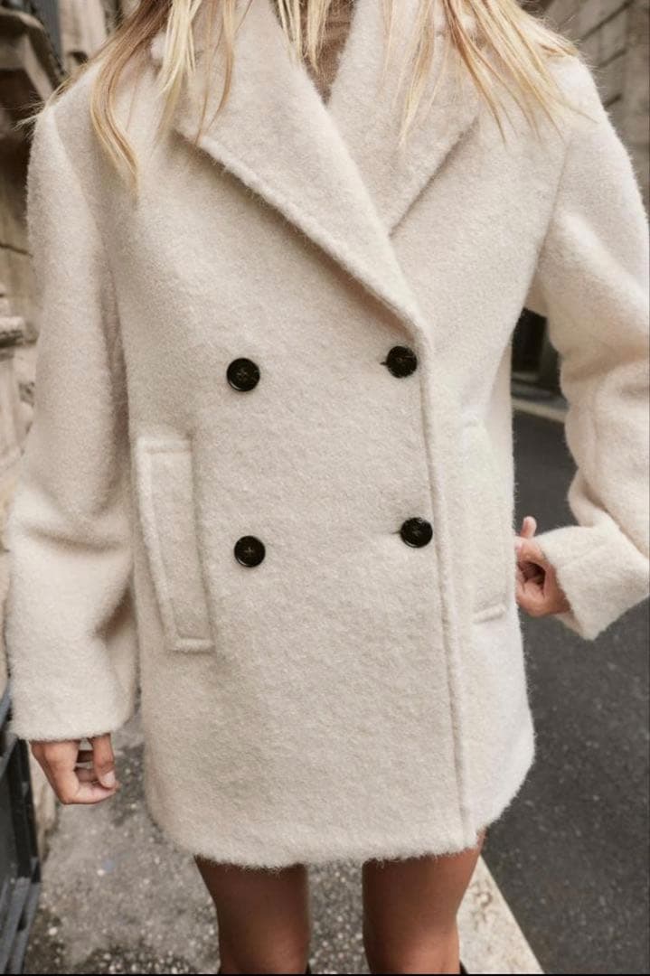 ZARA ブークレダブルブレストミディ丈コートXS