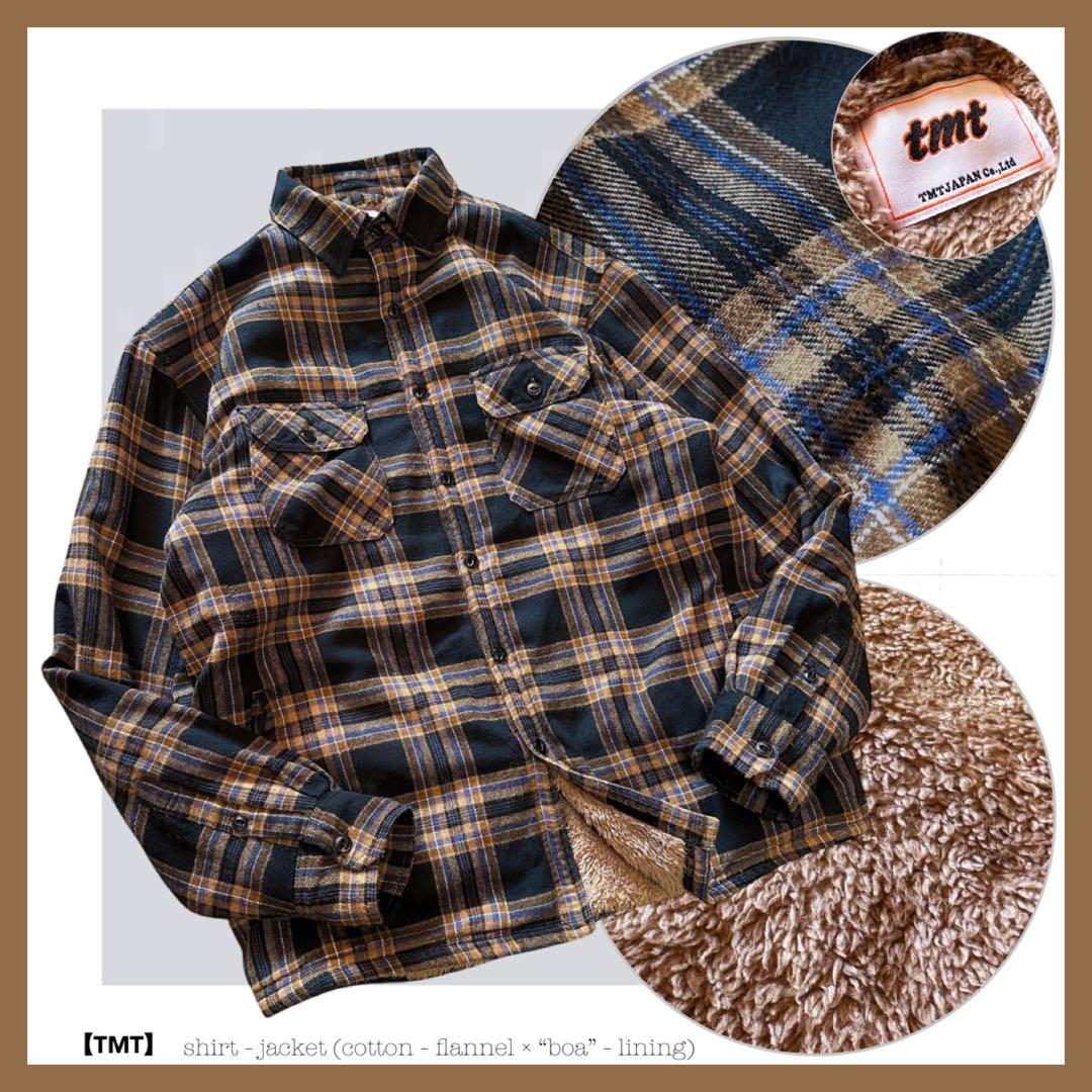TMT：名作【コットン•フランネル×ボア•ライナー】チェック柄•シャツジャケット