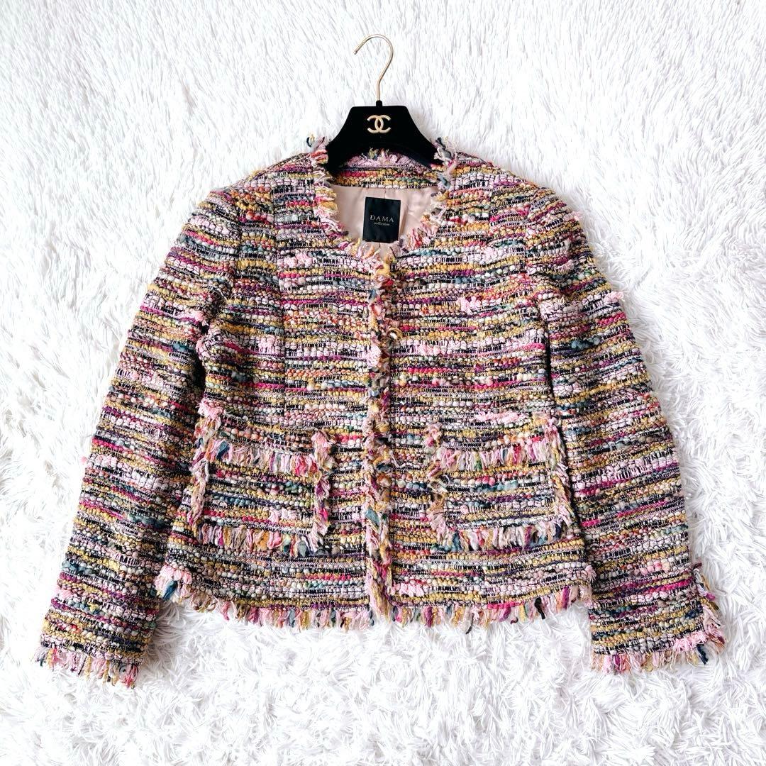 美品✨ダーマコレクション　ノーカラーツイードジャケット　ミックスカラー　ラメ入り