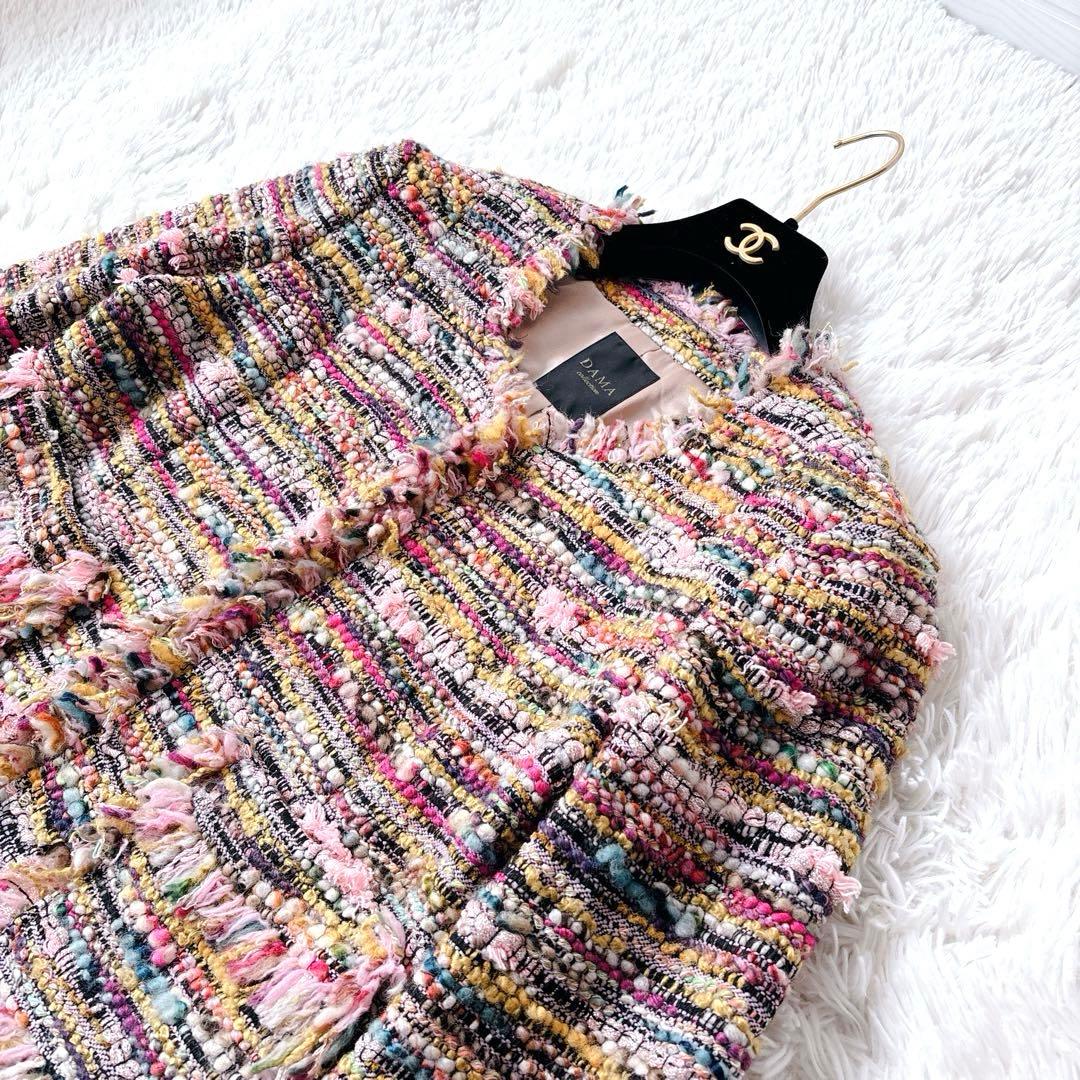 美品✨ダーマコレクション　ノーカラーツイードジャケット　ミックスカラー　ラメ入り