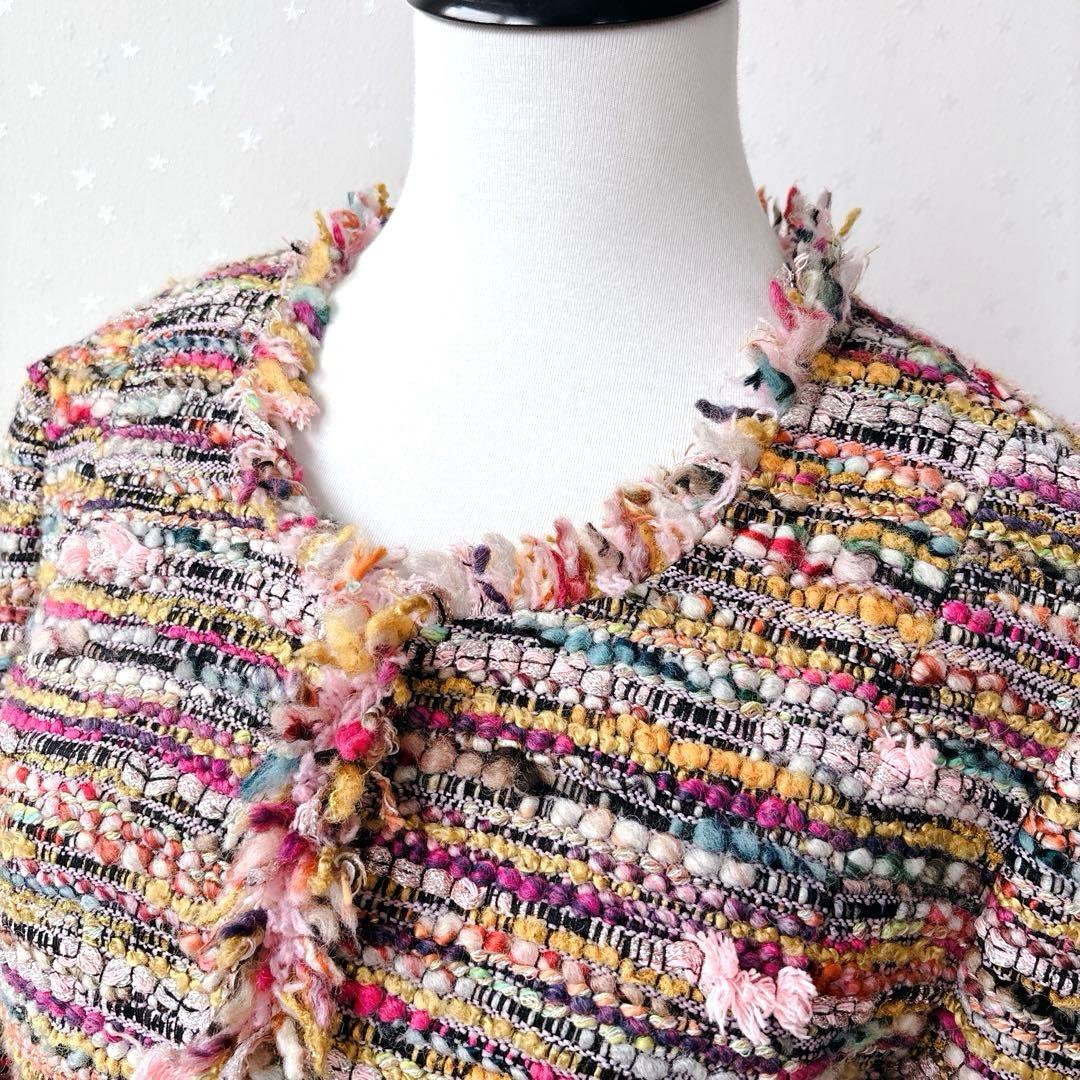 美品✨ダーマコレクション　ノーカラーツイードジャケット　ミックスカラー　ラメ入り