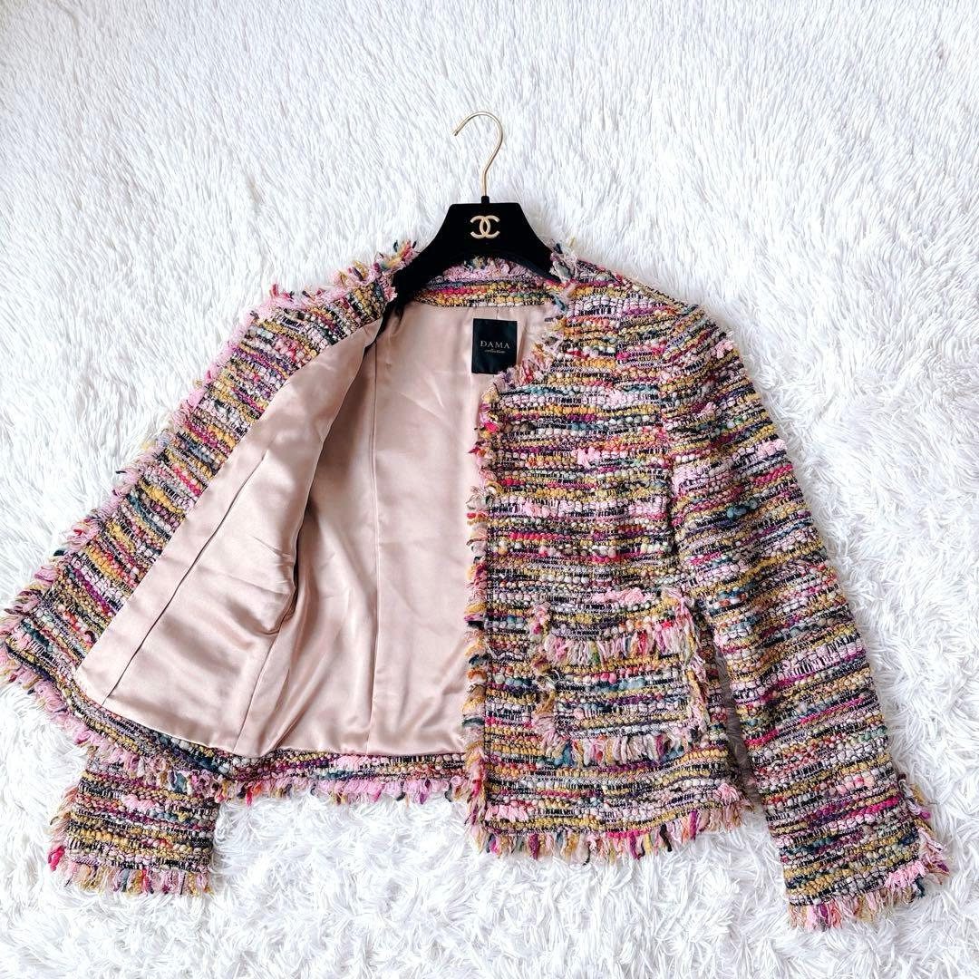美品✨ダーマコレクション　ノーカラーツイードジャケット　ミックスカラー　ラメ入り