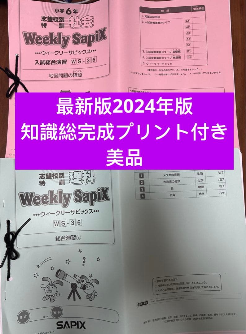㉔最新版2024年土曜特訓6年社会 理科Weekly Sapix 志望校別特訓