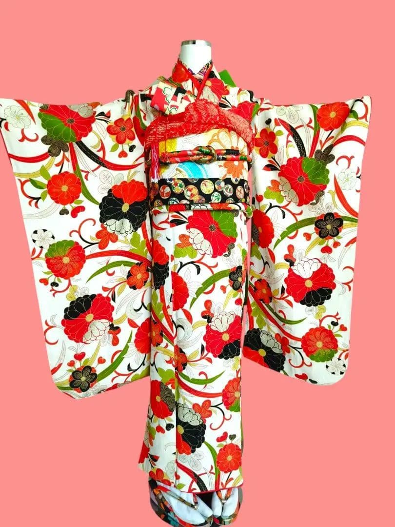 ☆大正浪漫アンティーク☆レトロポップな着物と黄緑作り帯☆七五三ハーフ成人式