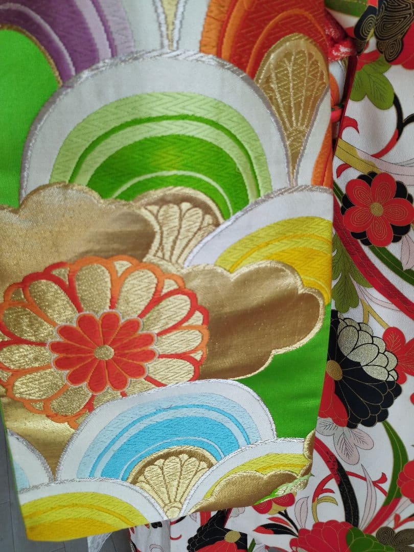 ☆大正浪漫アンティーク☆レトロポップな着物と黄緑作り帯☆七五三ハーフ成人式