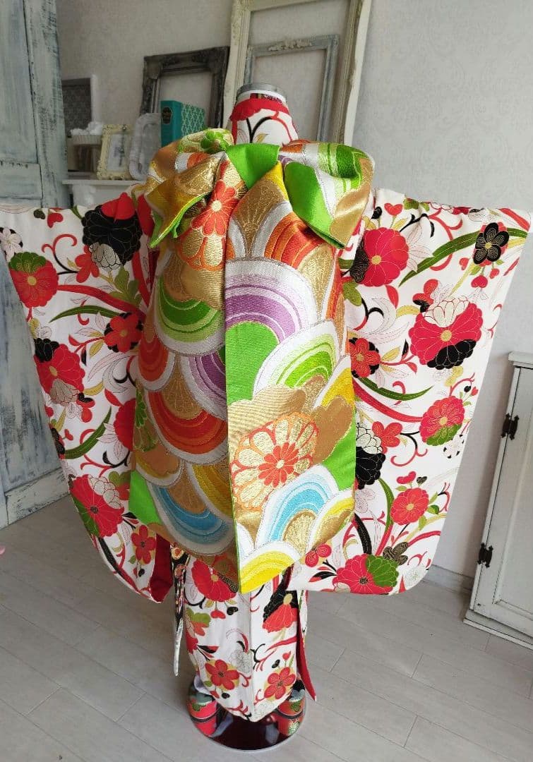 ☆大正浪漫アンティーク☆レトロポップな着物と黄緑作り帯☆七五三ハーフ成人式