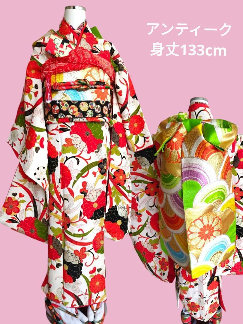 ☆大正浪漫アンティーク☆レトロポップな着物と黄緑作り帯☆七五三ハーフ成人式