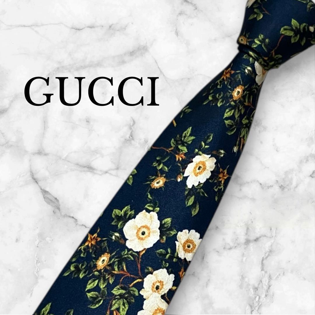 【美品】GUCCI グッチ　ネクタイ　フラワー　花柄　紺　GG柄　現行タグ