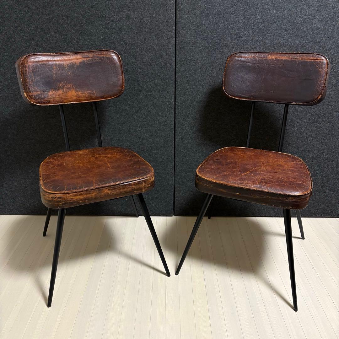 ヴィンテージ　革　レザー　ダイニングチェア　アイアン　スツール　本革　椅子