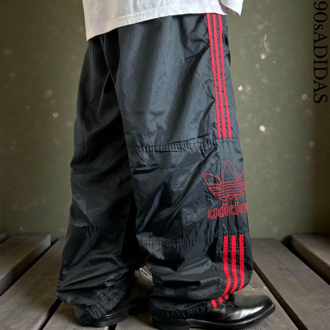 極太90s old adidas バギーナイロントラックパンツ 豪華刺繍 B系