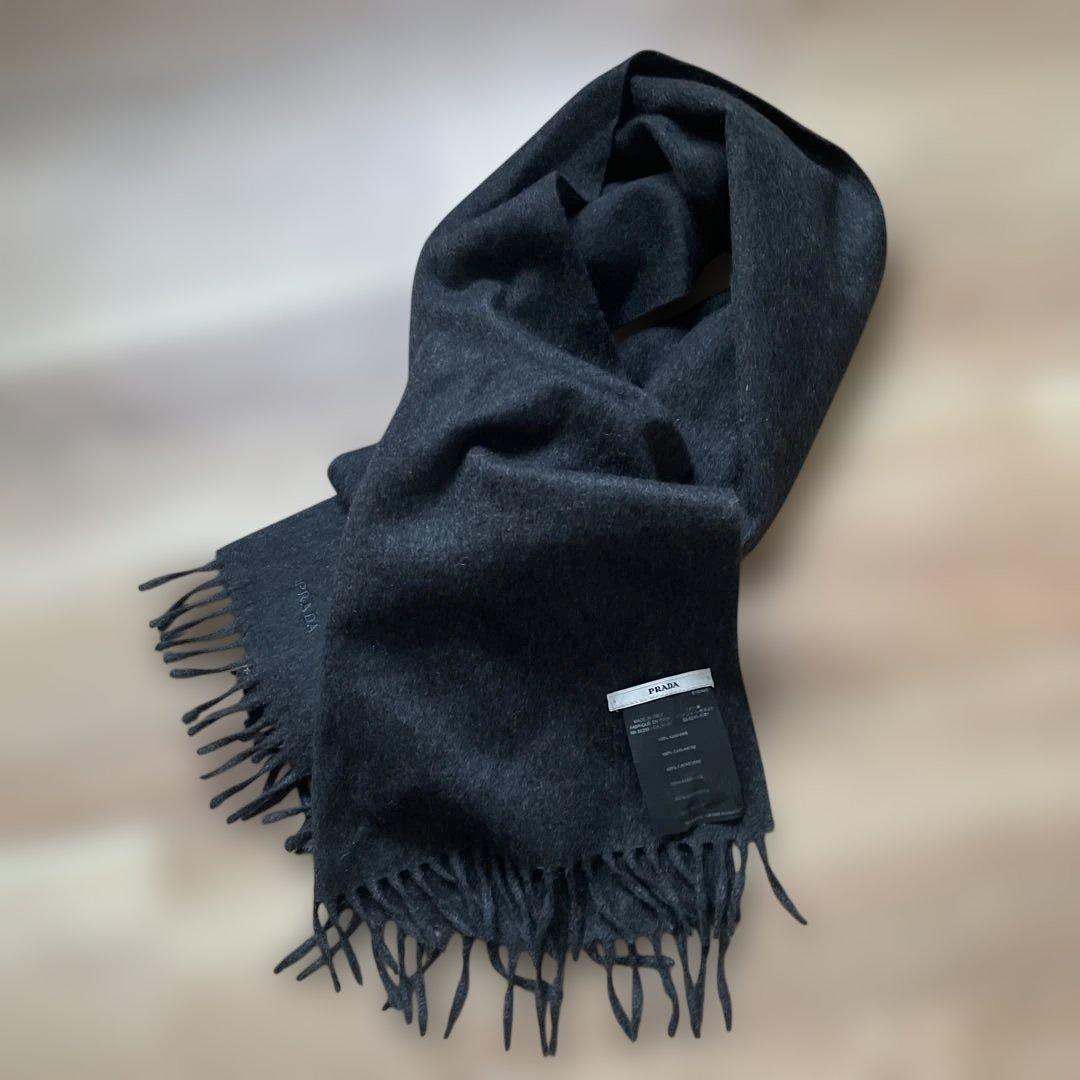 PRADA プラダ カシミヤ100% マフラー ブラック イタリア製 刺繍ロゴ