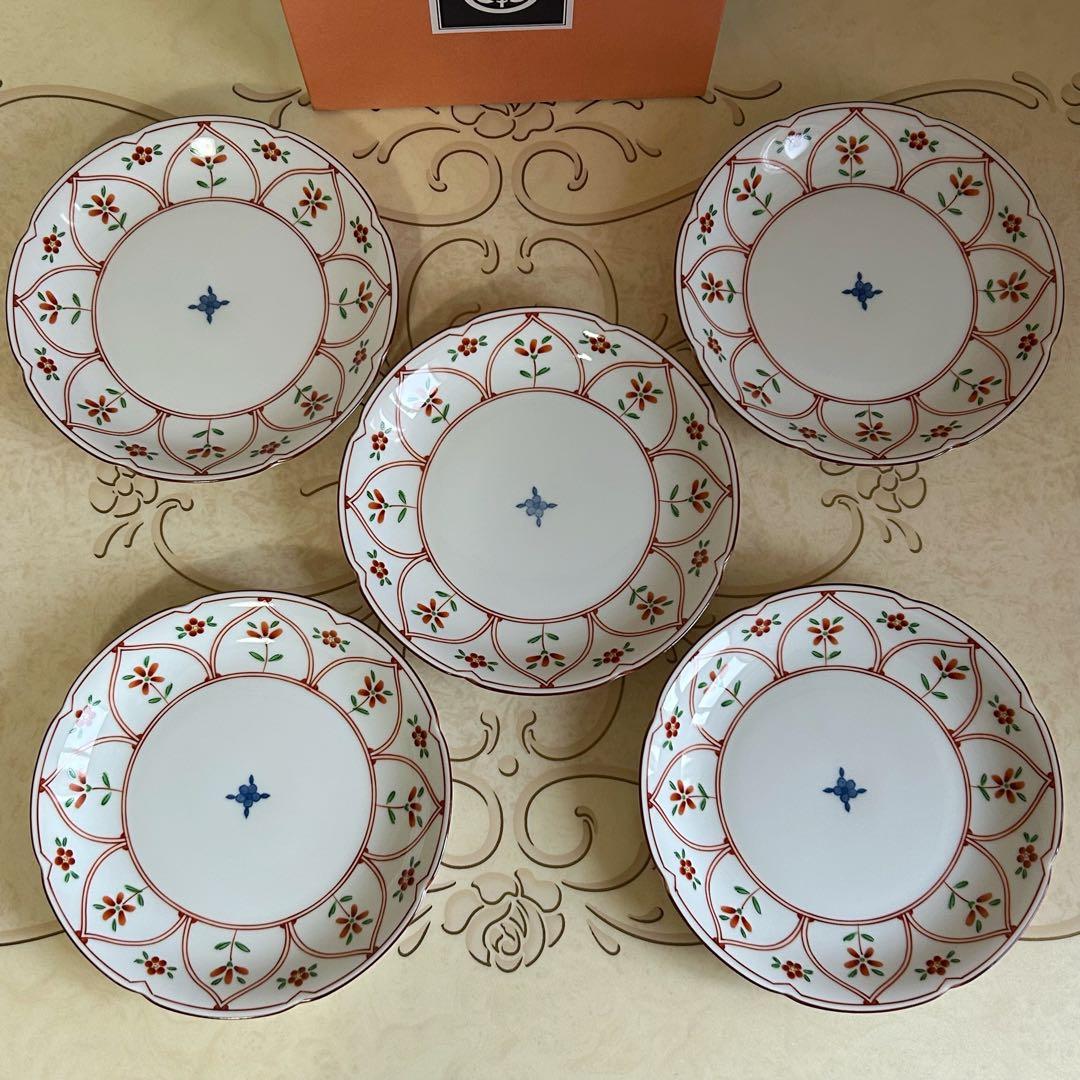 たち吉　赤絵　間取花紋　中皿揃　５枚セット　和皿　輪花皿　盛皿　和食器　染付　和