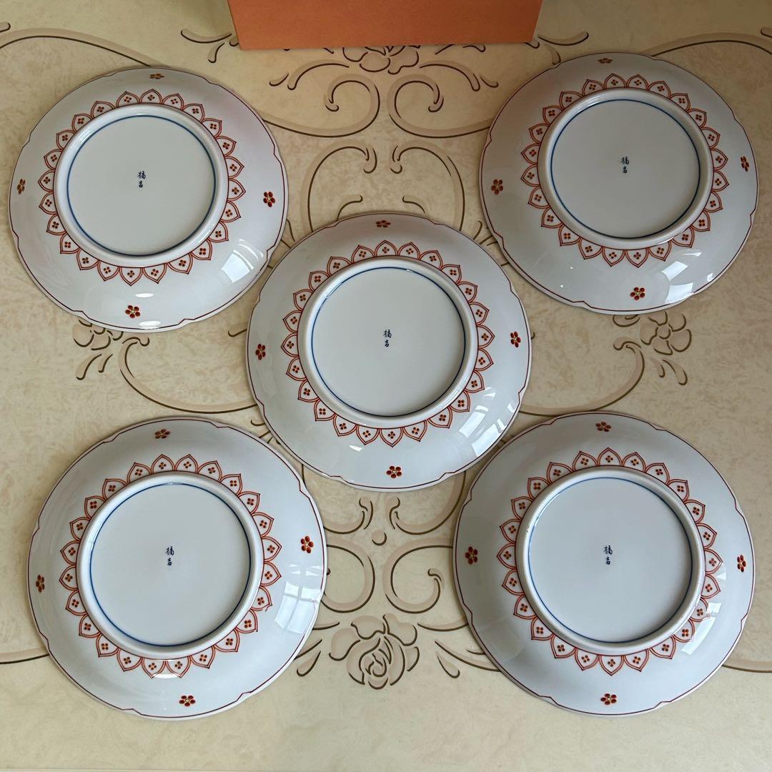 たち吉　赤絵　間取花紋　中皿揃　５枚セット　和皿　輪花皿　盛皿　和食器　染付　和