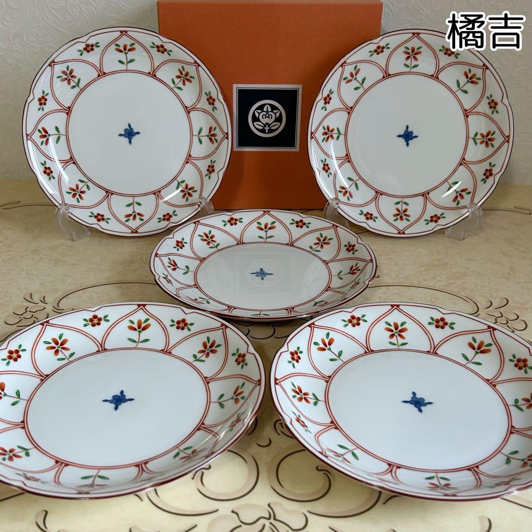 たち吉　赤絵　間取花紋　中皿揃　５枚セット　和皿　輪花皿　盛皿　和食器　染付　和