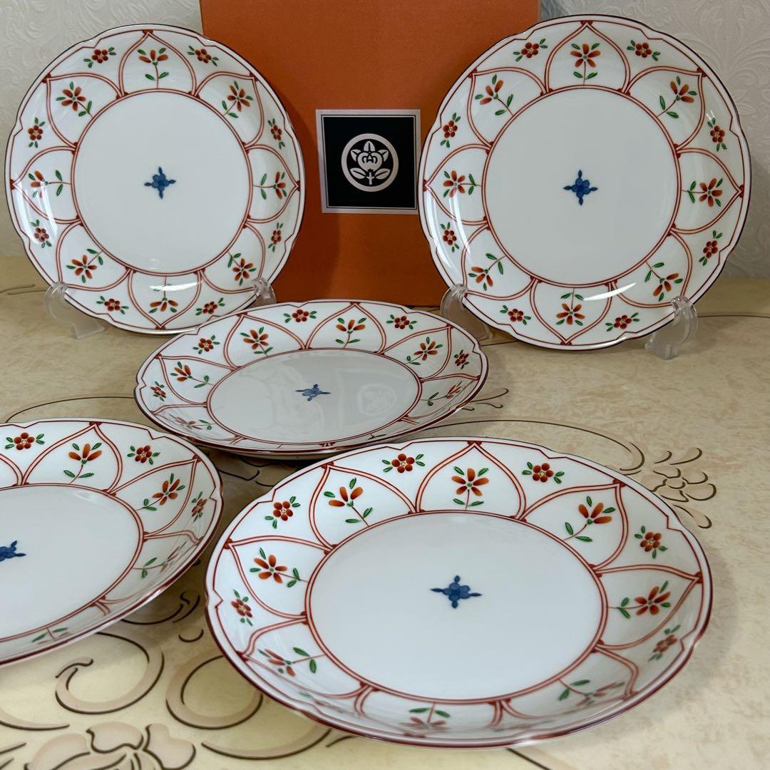 たち吉　赤絵　間取花紋　中皿揃　５枚セット　和皿　輪花皿　盛皿　和食器　染付　和