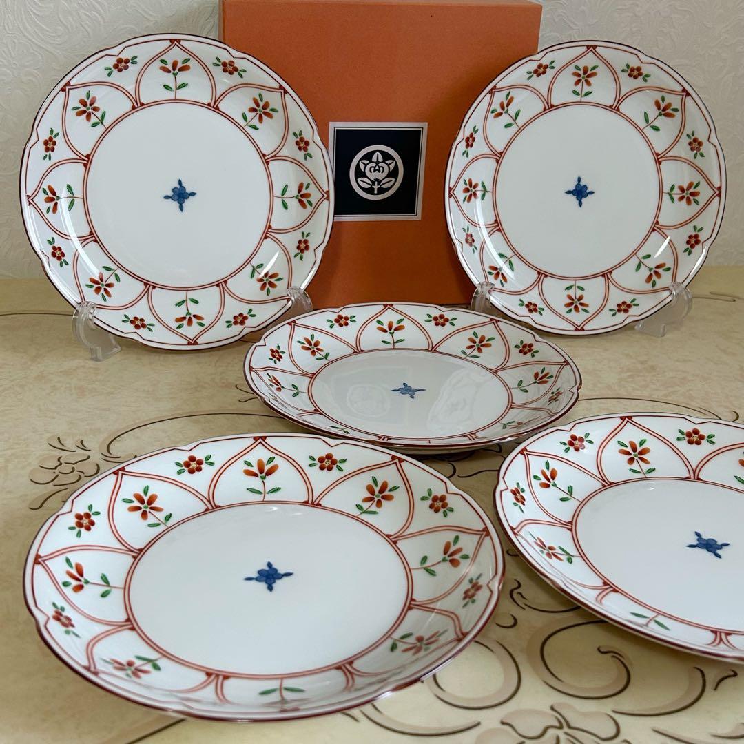 たち吉　赤絵　間取花紋　中皿揃　５枚セット　和皿　輪花皿　盛皿　和食器　染付　和