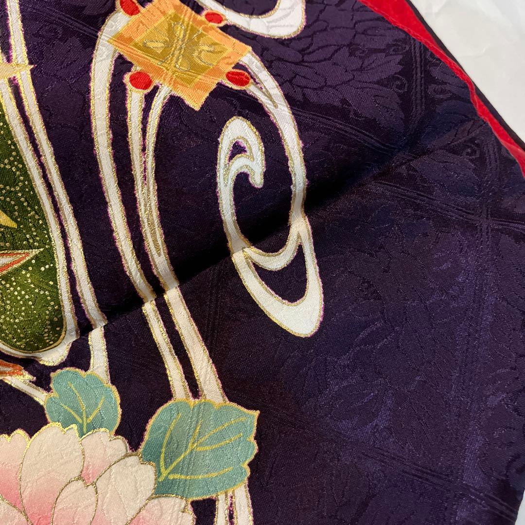 極美品　正絹振袖　袋帯付　抹茶　モスグリーン紫色花柄　金糸刺繍　写真撮影のみ