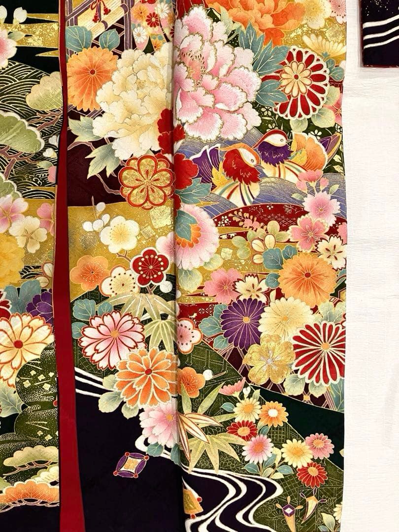 極美品　正絹振袖　袋帯付　抹茶　モスグリーン紫色花柄　金糸刺繍　写真撮影のみ