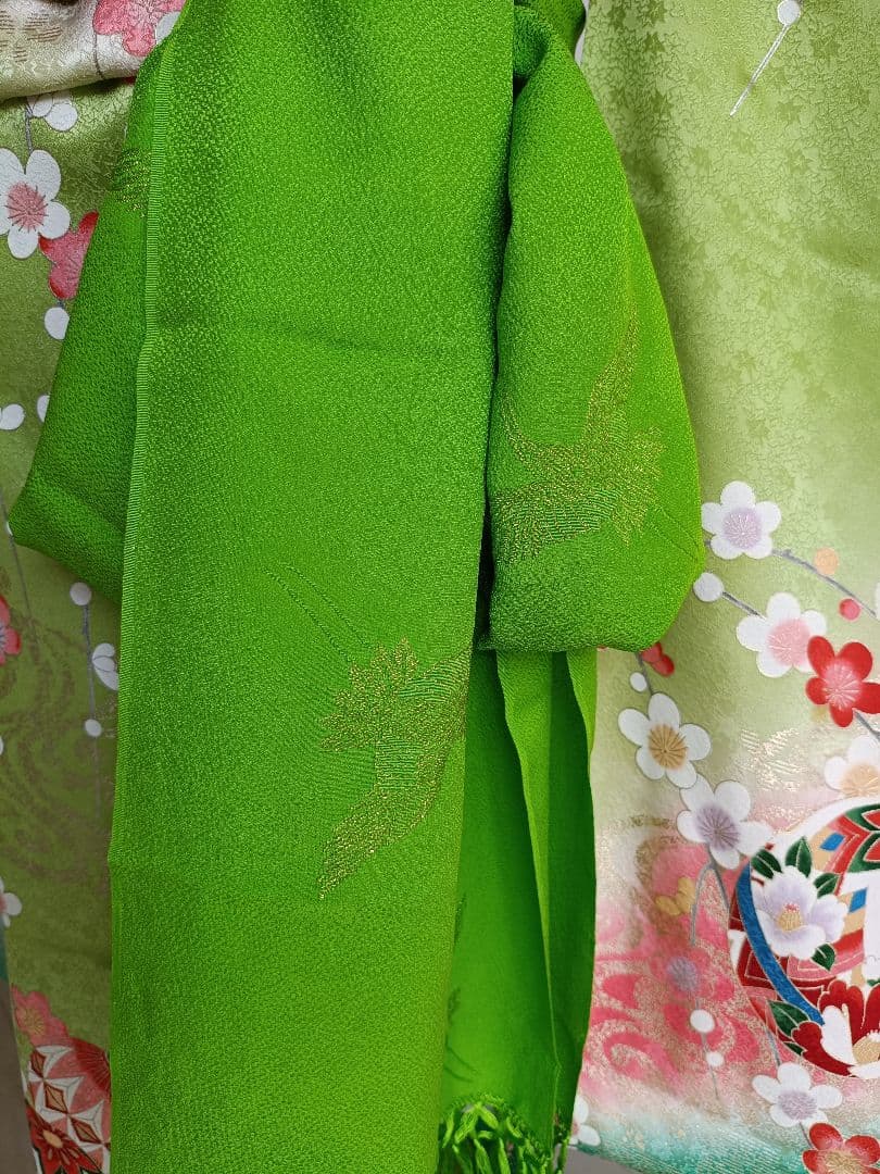 専用です☆抹茶色☆正絹着物とゴールド系袋帯☆七五三セット