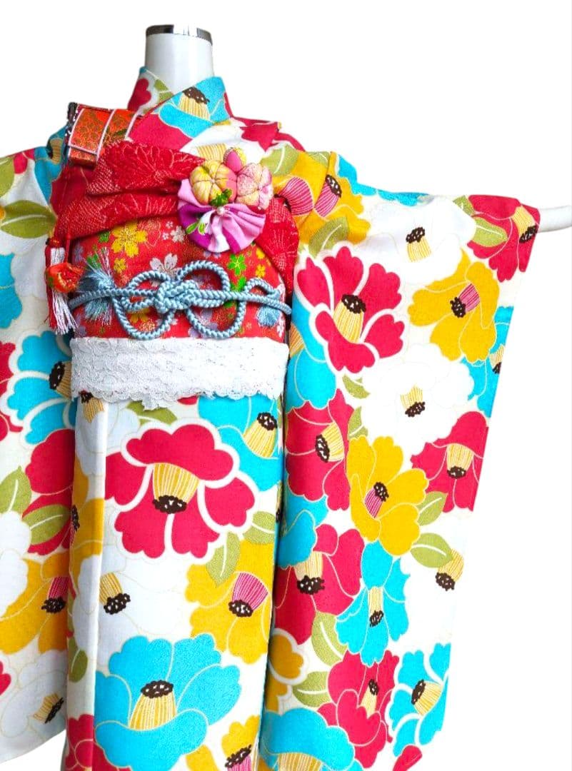 専用です☆新品☆ポップな大きな椿の着物と作り帯☆フルセット七五三