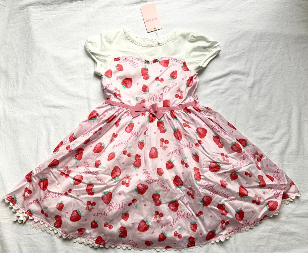 【新品】メゾピアノ いちご柄 パフスリーブ ワンピース ピンク 130cm