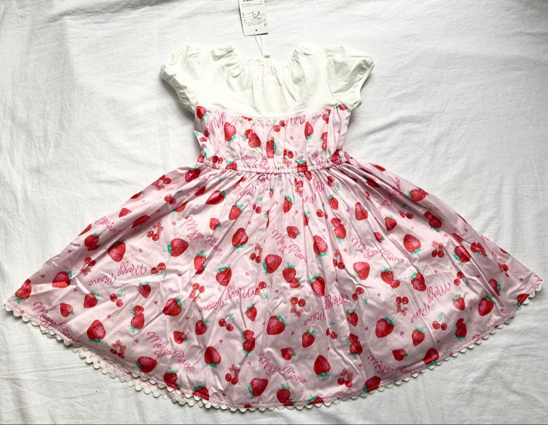 【新品】メゾピアノ いちご柄 パフスリーブ ワンピース ピンク 130cm