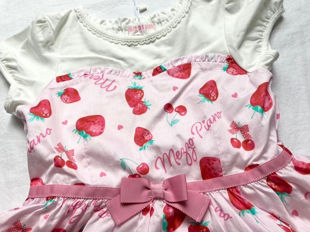 【新品】メゾピアノ いちご柄 パフスリーブ ワンピース ピンク 130cm