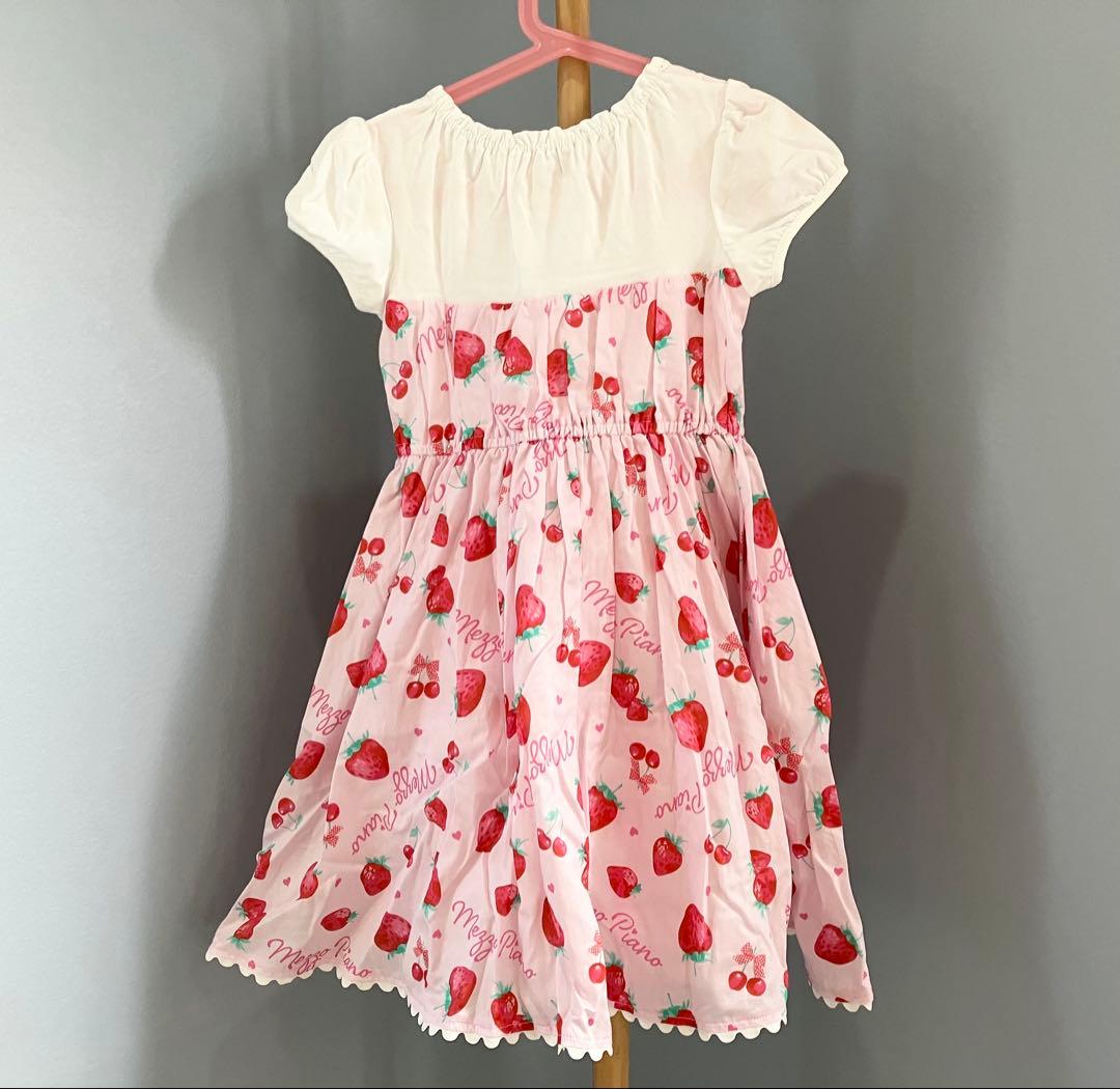 【新品】メゾピアノ いちご柄 パフスリーブ ワンピース ピンク 130cm