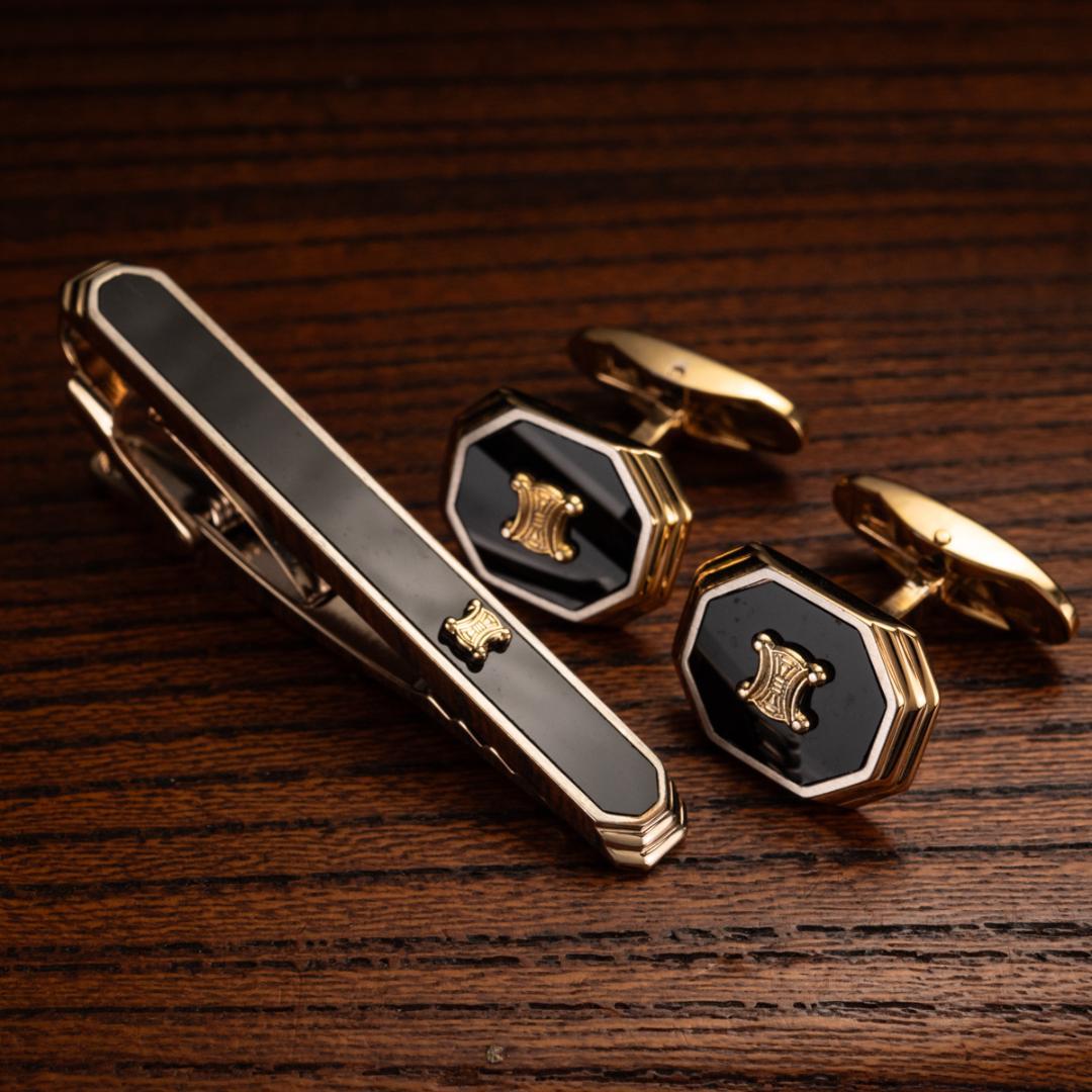 箱有 CELINE セリーヌ オニキス×マカダム柄 ネクタイピン カフスセット