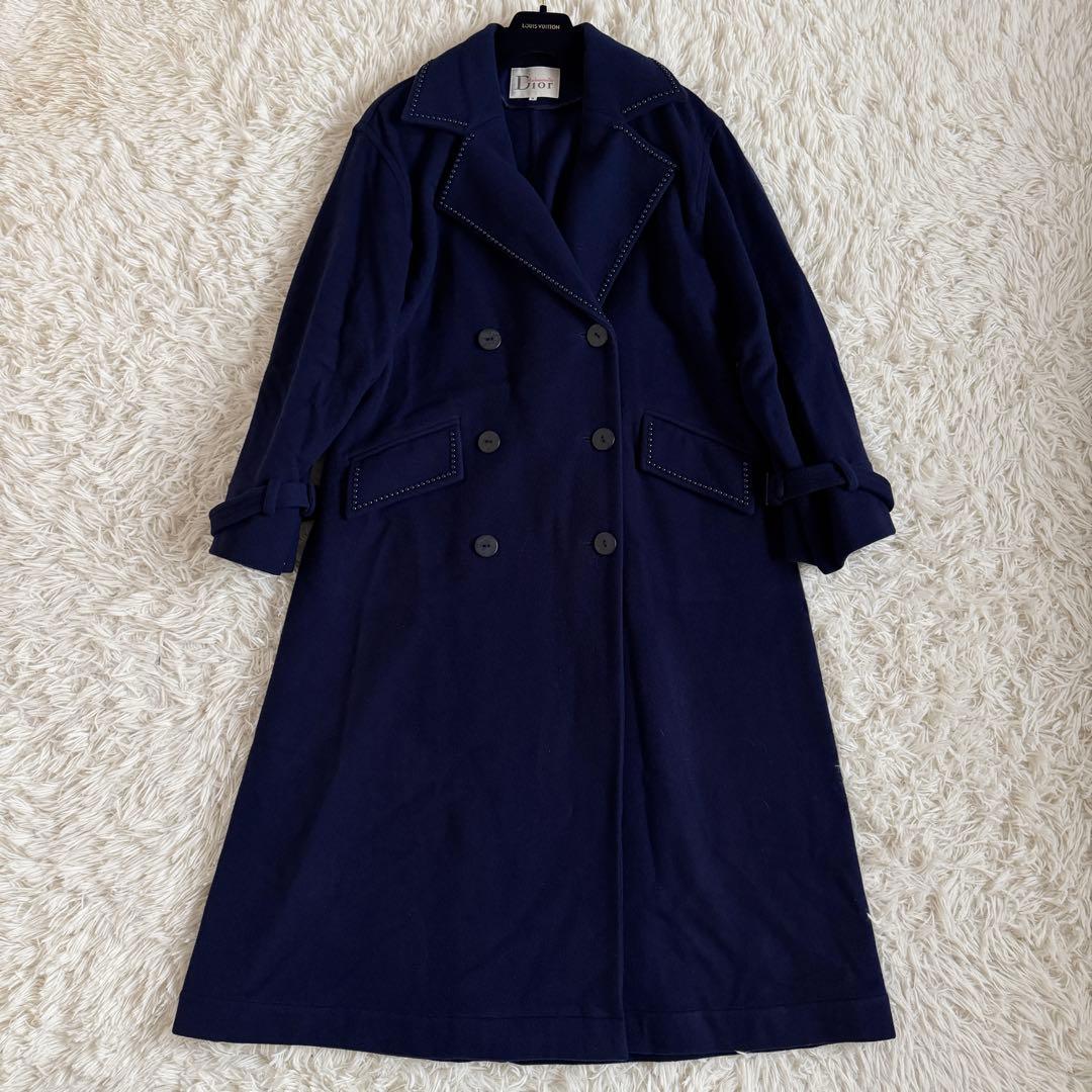 美品　XL相当　クリスチャンディオール　チェスターコート　ビジュー　ステッチ　紺