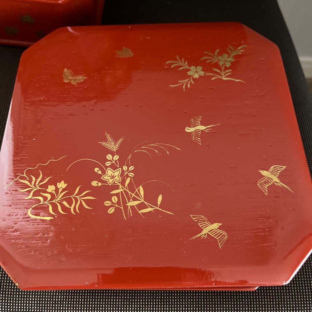 ハニエル 茶道具　縁高重　朱塗　花鳥　中村湖彩作（化粧箱）五客　美品