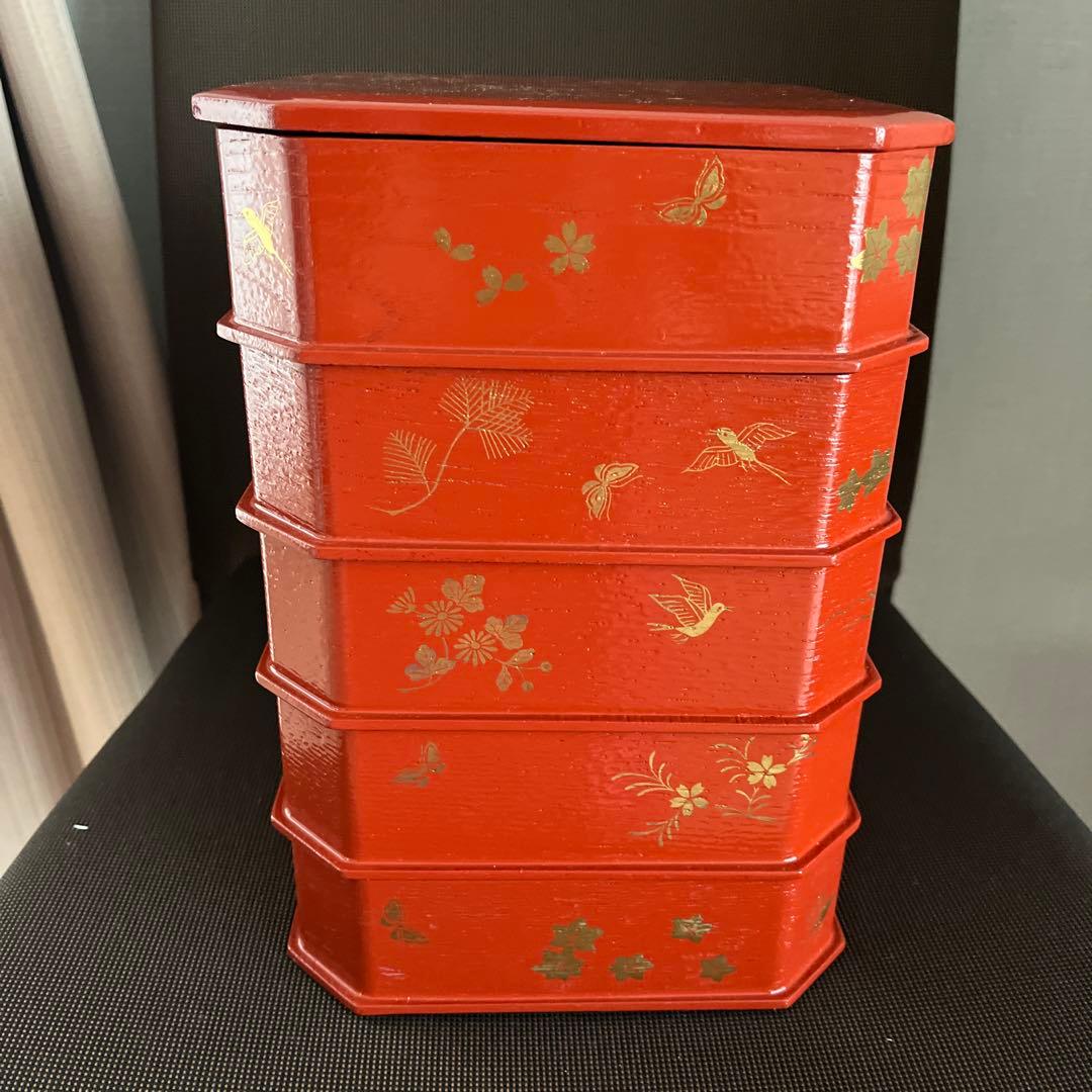 ハニエル 茶道具　縁高重　朱塗　花鳥　中村湖彩作（化粧箱）五客　美品