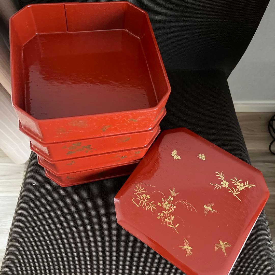 ハニエル 茶道具　縁高重　朱塗　花鳥　中村湖彩作（化粧箱）五客　美品