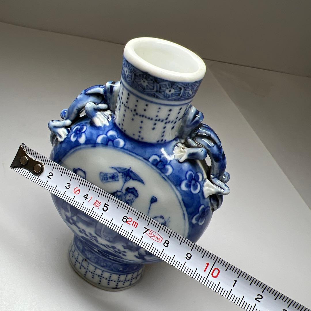 中国清時代　康熙年製　青花龍耳花入　木箱付　高約13.5㎝東Y7-1226☆2F