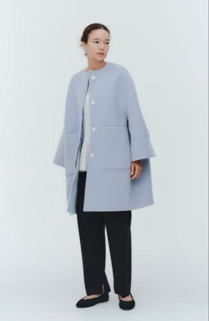 yori ウールノーカラーコート　サックス　コート　drawer blamink