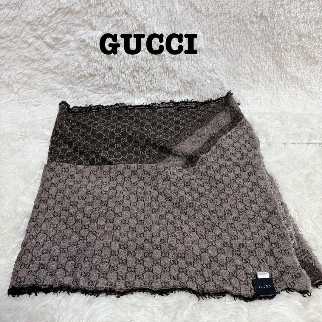 グッチ ショール GUCCI ストール 大判　GG ブラウン　ウール、シルク