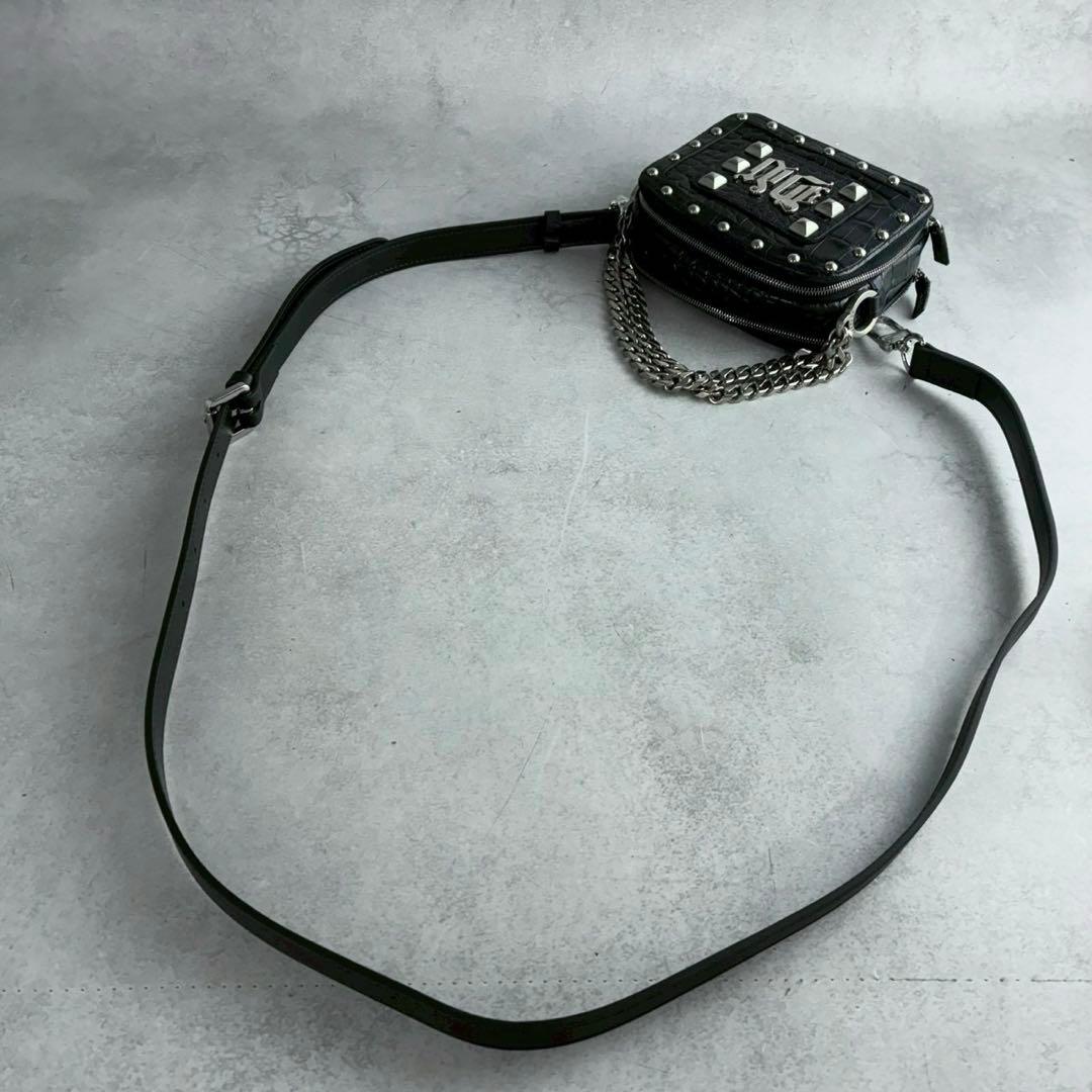 美品★ヴェルサーチ クロコ型押し スタッズ チェーンショルダーウォレット 黒