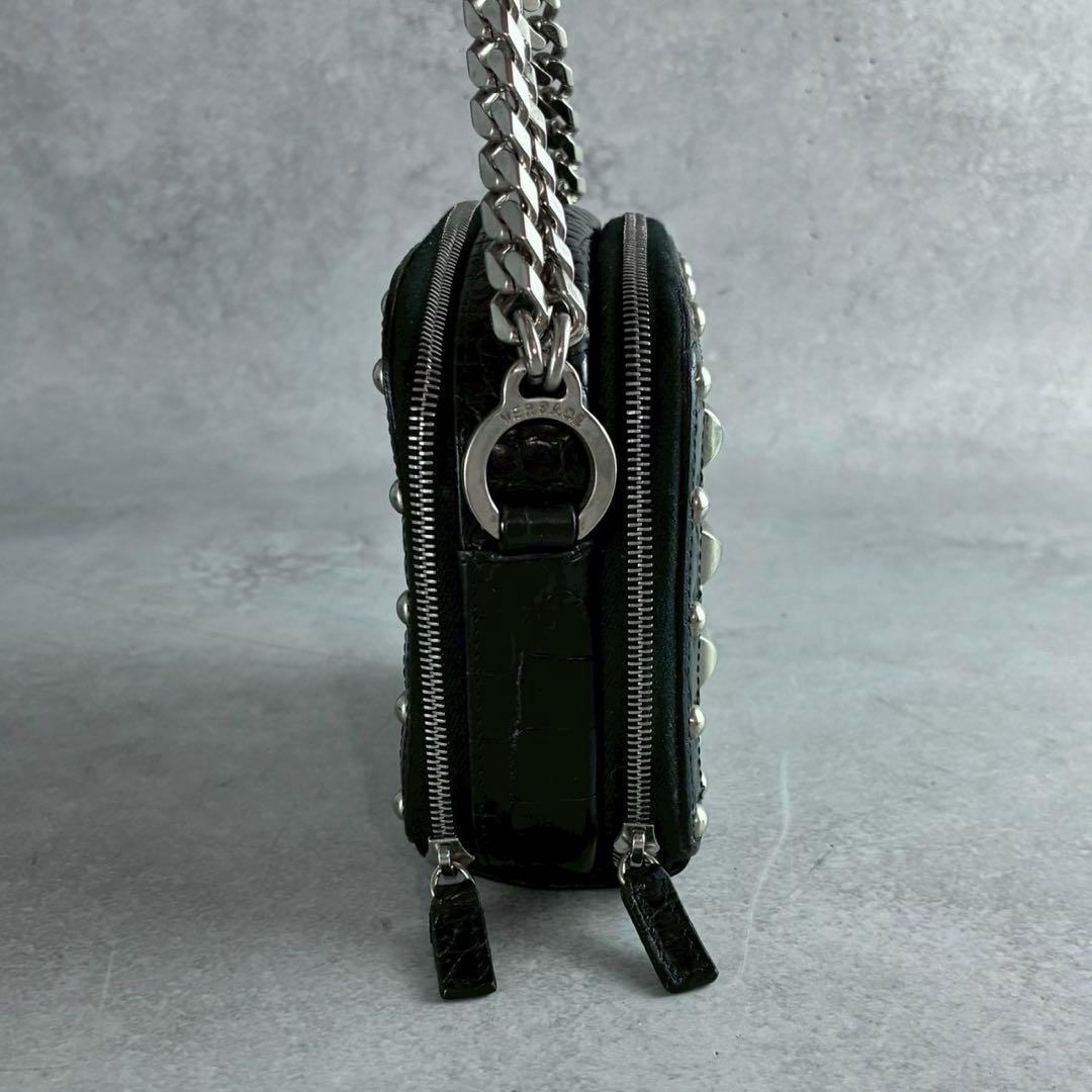 美品★ヴェルサーチ クロコ型押し スタッズ チェーンショルダーウォレット 黒